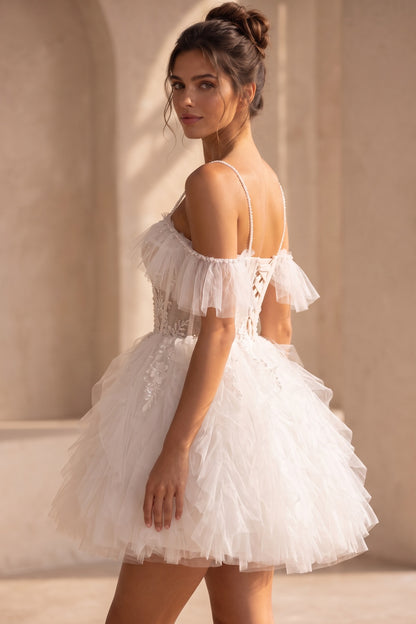 White Tulle Fit-and-Flare Mini Dress with Floral Lace Appliqué white tulle dress - product view 5