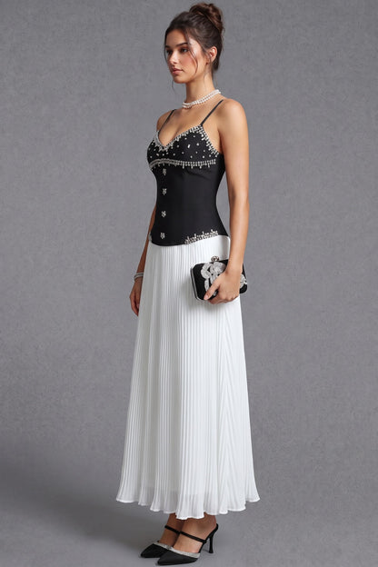 Black Embellished Corset Bodice and White Pleated Maxi Skirt Two-Piece Dress Set black, white structured crepe or satin blend for bodice; lightweight chiffon for skirt two-piece dress set - product view 5