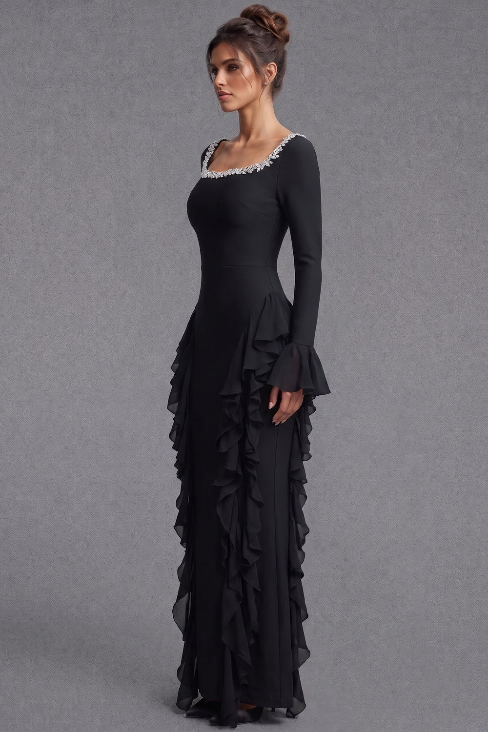 Black Heavy Stretch Crepe Sheath Evening Gown with Dramatic Side Ruffles black heavy stretch crepe evening gown - product view 5