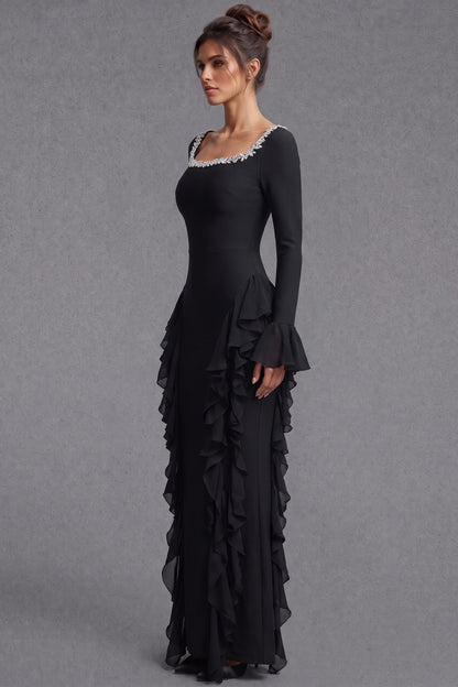 Black Heavy Stretch Crepe Sheath Evening Gown with Dramatic Side Ruffles black heavy stretch crepe evening gown - product view 5