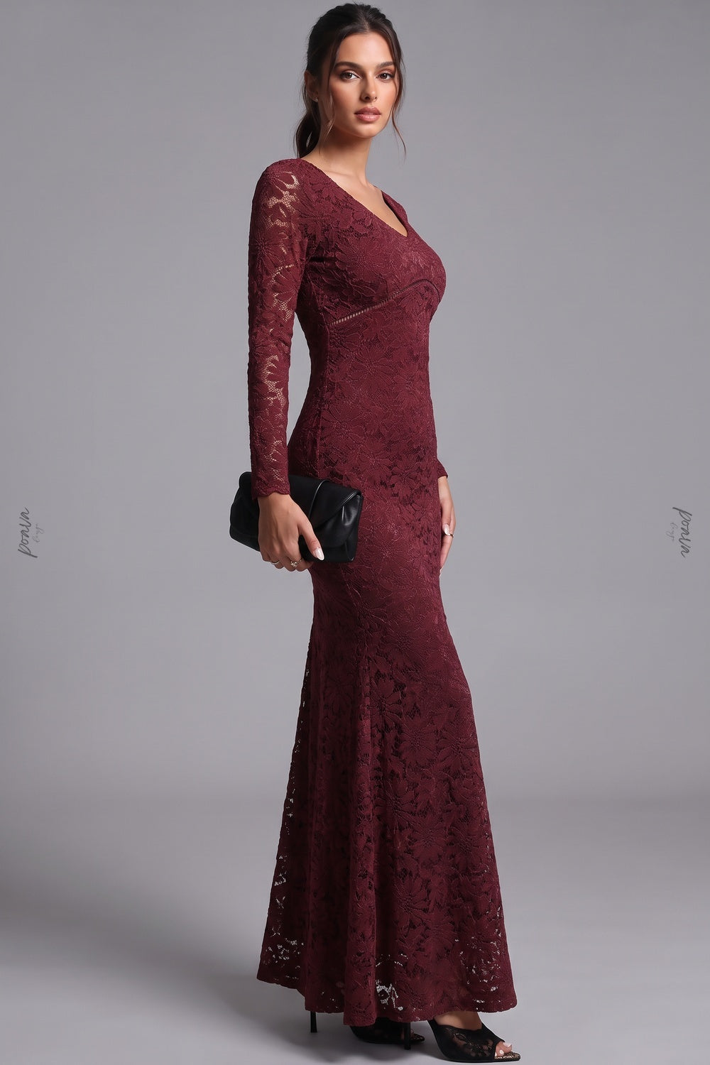 burgundy floral lace mermaid dress burgundy floral lace dress - product view 3