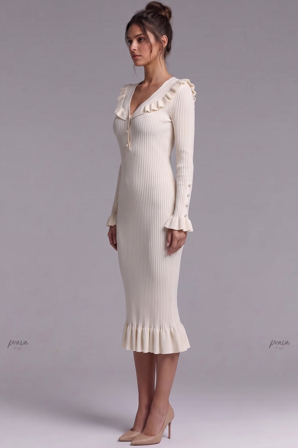 Cream Ribbed Knit Fitted Sheath Midi Dress with Ruffle Trim cream, off-white ribbed knit midi dress - product view 5