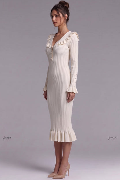 Cream Ribbed Knit Fitted Sheath Midi Dress with Ruffle Trim cream, off-white ribbed knit midi dress - product view 5