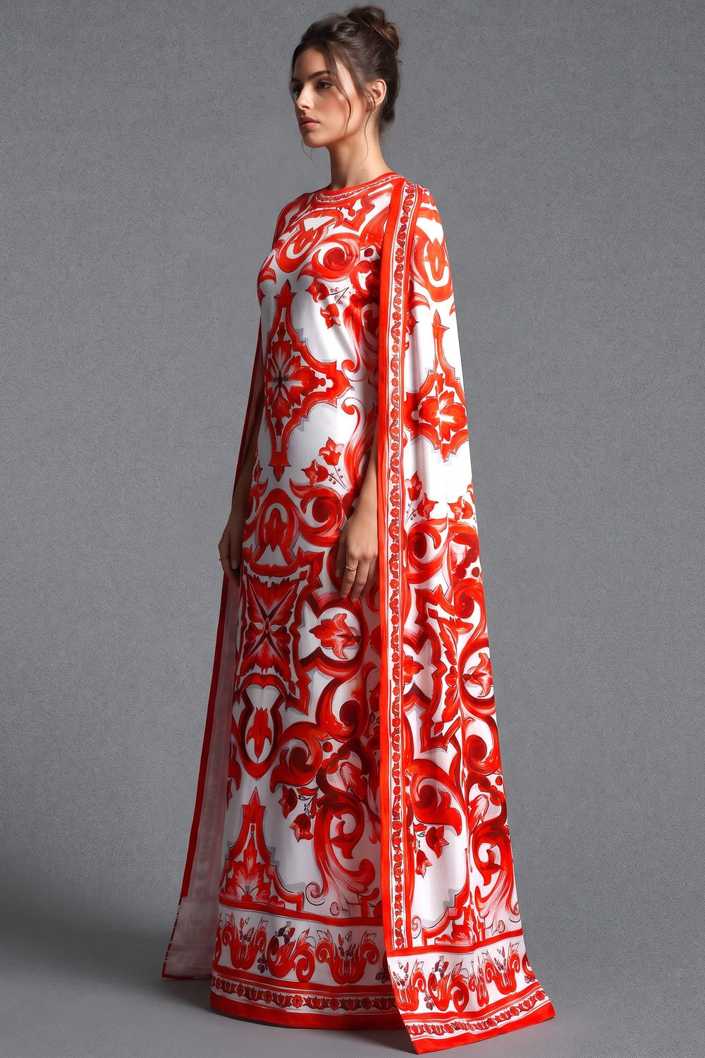 White Majolica Tile Print Cape Dress White Satin or silk crepe Cape dress - product view 5