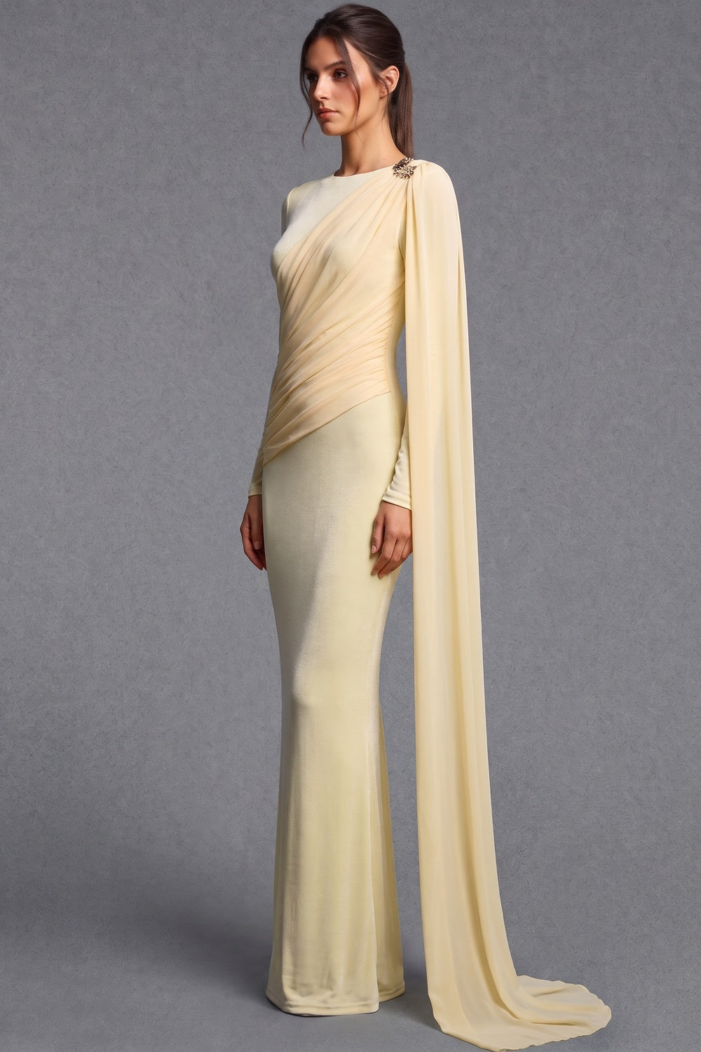 Pale Yellow Fine Stretch Knit Column Evening Gown with Asymmetric Draped Cape pale yellow fine stretch knit evening gown - product view 5