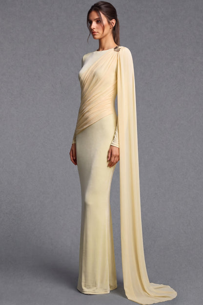 Pale Yellow Fine Stretch Knit Column Evening Gown with Asymmetric Draped Cape pale yellow fine stretch knit evening gown - product view 5