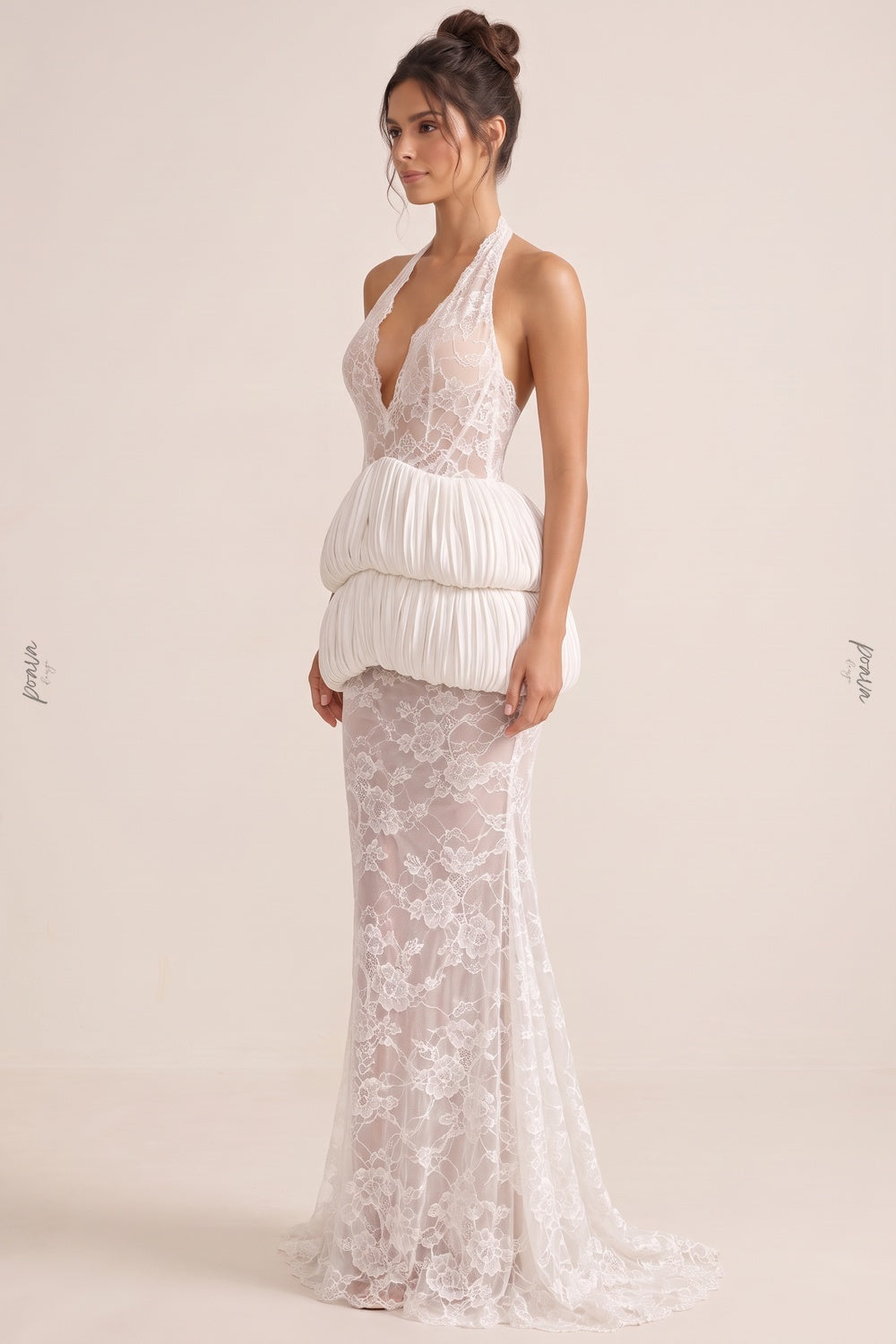 White Floral Lace Mermaid Gown with Bubble Peplum white floral lace gown - product view 5