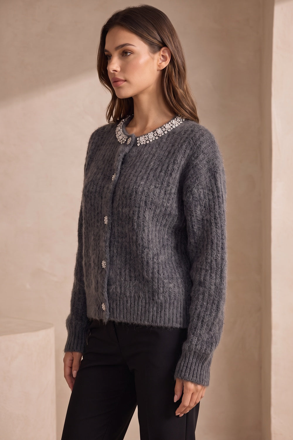 Charcoal Grey Fuzzy Mohair-Style Knit Relaxed Boxy Cardigan charcoal grey fuzzy mohair-style knit cardigan - product view 5