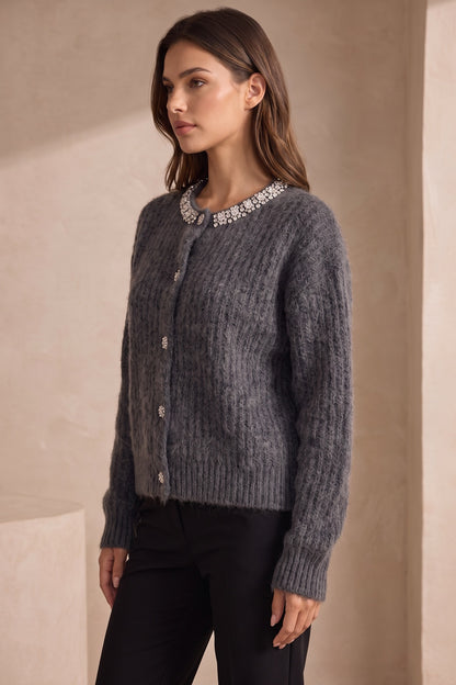 Charcoal Grey Fuzzy Mohair-Style Knit Relaxed Boxy Cardigan charcoal grey fuzzy mohair-style knit cardigan - product view 5