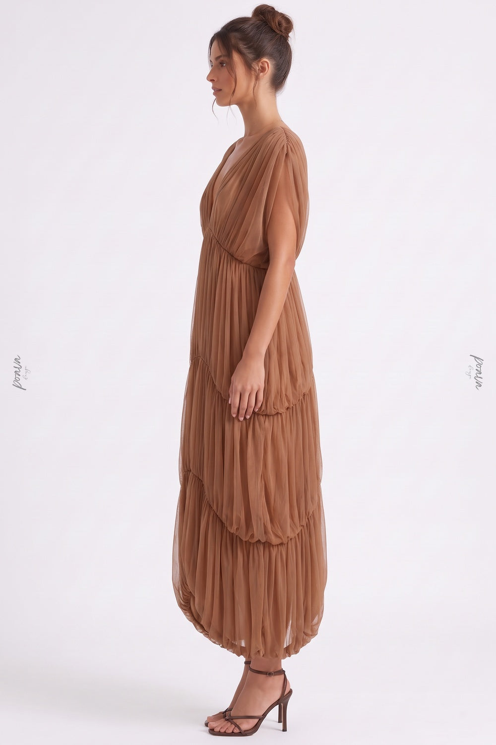 Brown Sheer Tulle Mesh Tiered Cocoon Dress brown sheer tulle mesh dress - product view 5