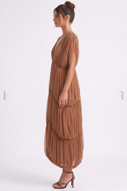Brown Sheer Tulle Mesh Tiered Cocoon Dress brown sheer tulle mesh dress - product view 5