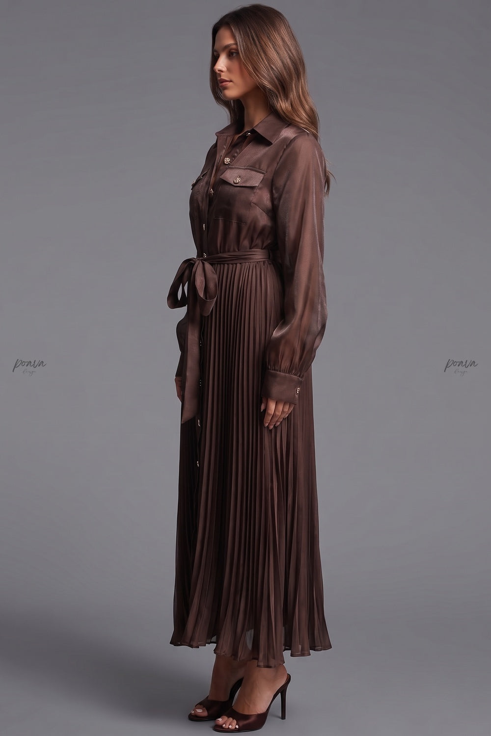 Chocolate Brown Semi-Sheer Organza-Like A-Line Maxi Shirt Dress chocolate brown semi-sheer organza-like fabric maxi shirt dress - product view 4