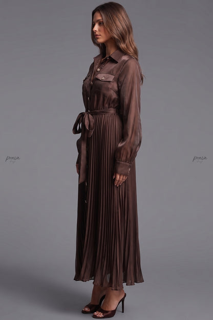 Chocolate Brown Semi-Sheer Organza-Like A-Line Maxi Shirt Dress chocolate brown semi-sheer organza-like fabric maxi shirt dress - product view 4