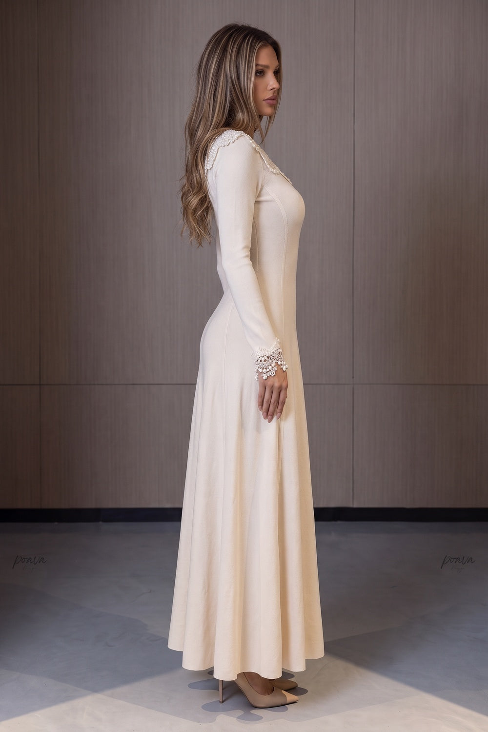 Cream Fine Knit Jersey Fit-and-Flare Dress cream fine knit jersey dress - product view 5