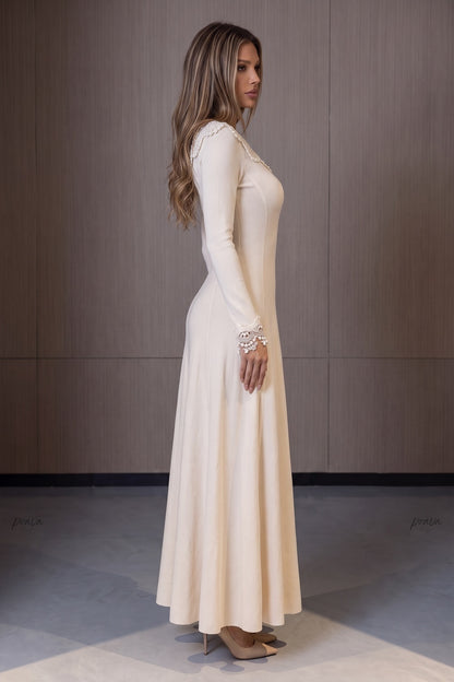 Cream Fine Knit Jersey Fit-and-Flare Dress cream fine knit jersey dress - product view 5