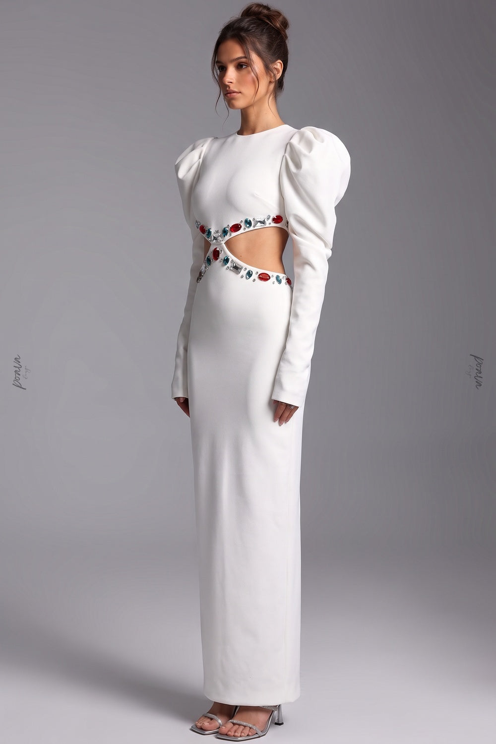 White Heavy Crepe Column Maxi Dress with Puff Shoulders and Crystal Cutouts white heavy crepe maxi dress - product view 5