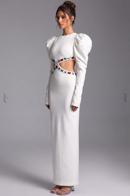 White Heavy Crepe Column Maxi Dress with Puff Shoulders and Crystal Cutouts white heavy crepe maxi dress - product view 5