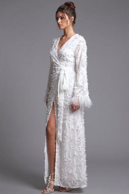 White Textured Eyelash Fabric A-Line Wrap Maxi Dress with Feather Trim white textured eyelash/shredded-ribbon fabric wrap maxi dress - product view 5