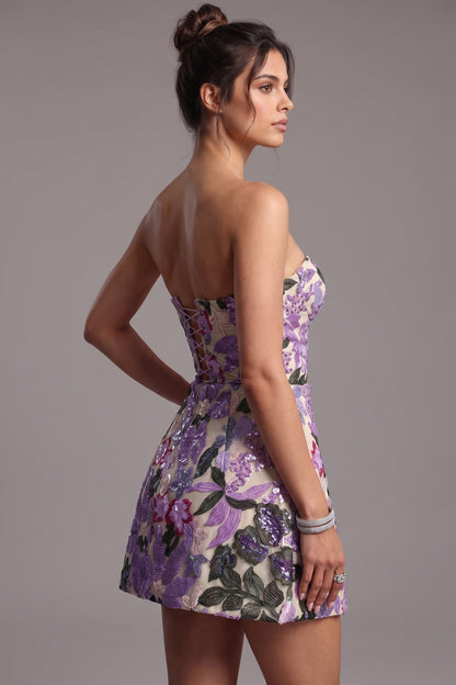 Purple Embroidered Mesh Overlay A-Line Mini Dress purple, lavender, cream embroidered mesh overlay dress - product view 5