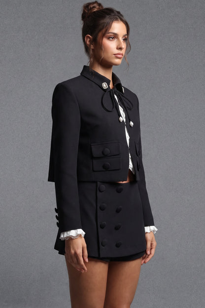 Black Structured Two-Piece Cropped Jacket and Mini Skort Set Black Mid-weight structured suiting crepe Two-piece cropped jacket and mini skort set - product view 5