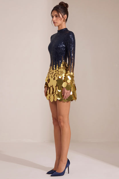 Navy Blue to Gold Ombre Sequin Mini Dress dark navy blue sequined mesh or knit dress - product view 5