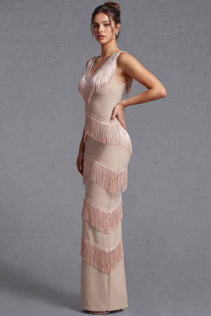beige heavy stretch knit column evening gown beige heavy stretch knit evening gown - product view 5