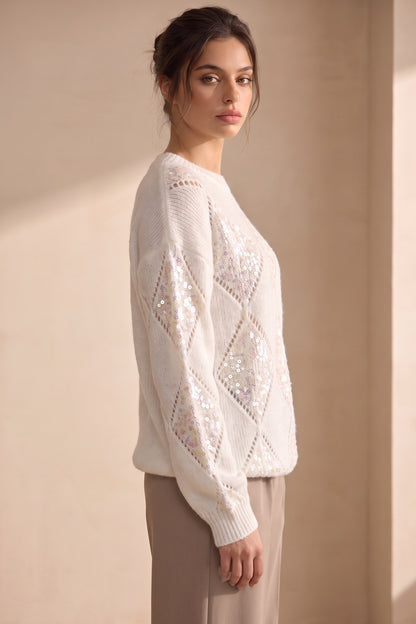 White Textured Knit Relaxed Sweater with Diamond Sequin Panels white textured knit sweater - product view 5