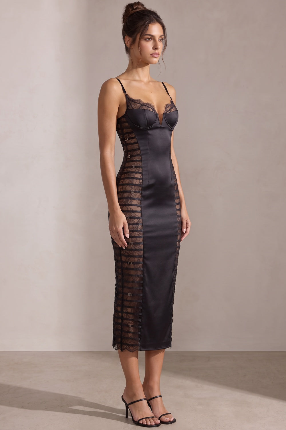 Black Satin Sheath Dress with Lace Side Panels black satin dress - product view 5
