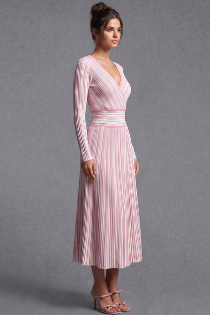 Light Pink Striped Ribbed Knit Fit-and-Flare Dress light pink, white ribbed knit dress - product view 5
