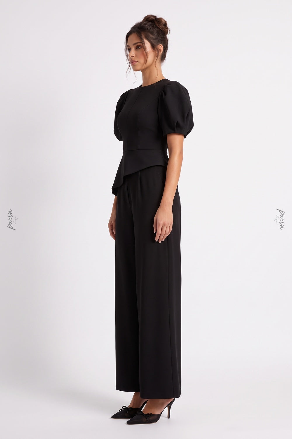 Black Structured Crepe Two-Piece Set with Puff Sleeves and Asymmetrical Peplum black Structured mid-weight crepe Two-piece set (top and trousers) - product view 5