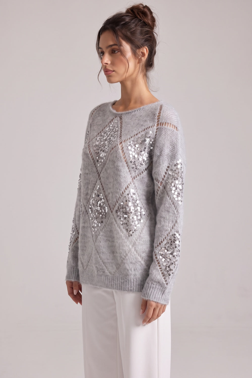 Light Grey Sequin Diamond Oversized Mohair-Blend Sweater light grey fuzzy mohair-blend knit sweater - product view 5