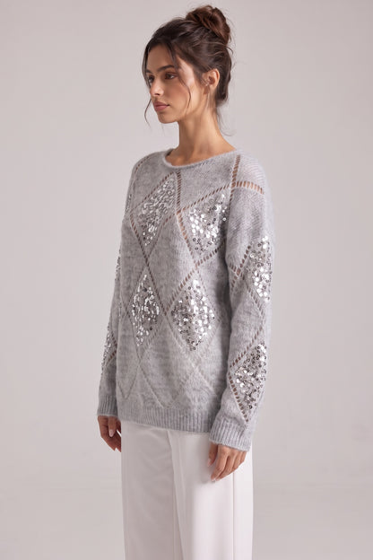 Light Grey Sequin Diamond Oversized Mohair-Blend Sweater light grey fuzzy mohair-blend knit sweater - product view 5
