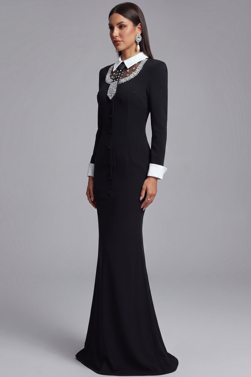Black Structured Crepe Mermaid Gown with Crystal Embellishment black structured crepe gown - product view 5