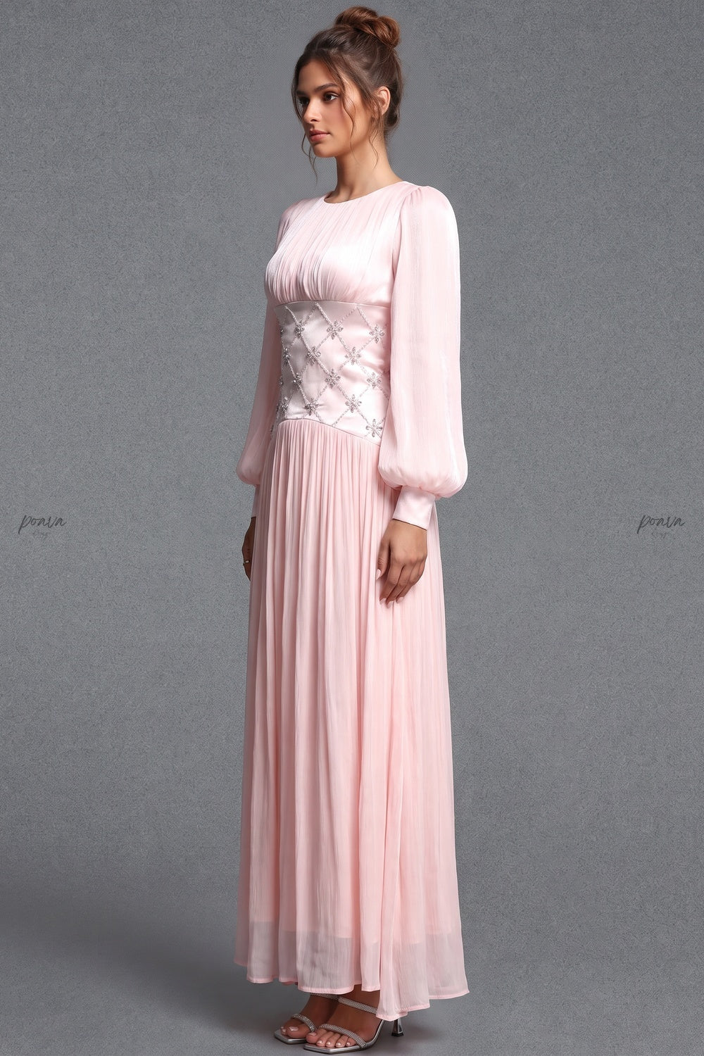 Pale Pink Chiffon A-Line Maxi Dress with Embellished Waist pale pink chiffon maxi dress - product view 3