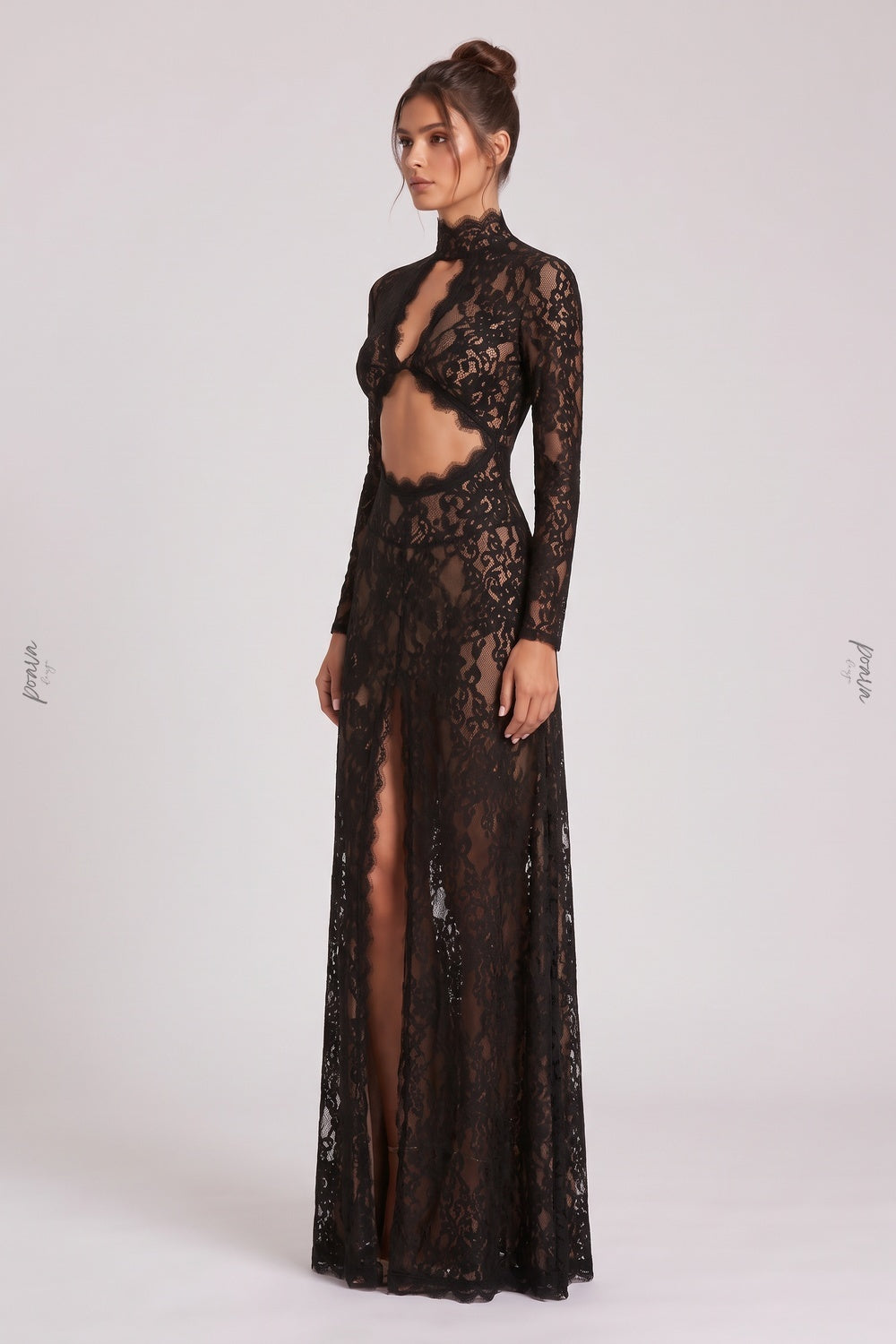 Black Floral Lace Column Gown with Front Slit and Cutouts black lace gown - product view 5