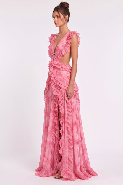 Pink Watercolor Chiffon A-Line Gown with Waist Cut-Outs pink chiffon gown - product view 5