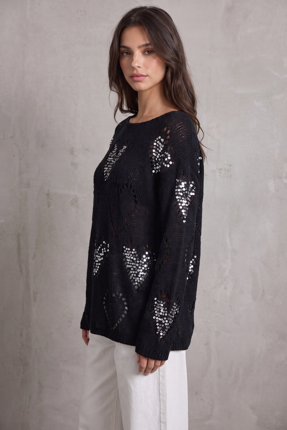 Black Open-Work Knit Oversized Sweater with Silver Sequin Hearts black open-work knit sweater - product view 5