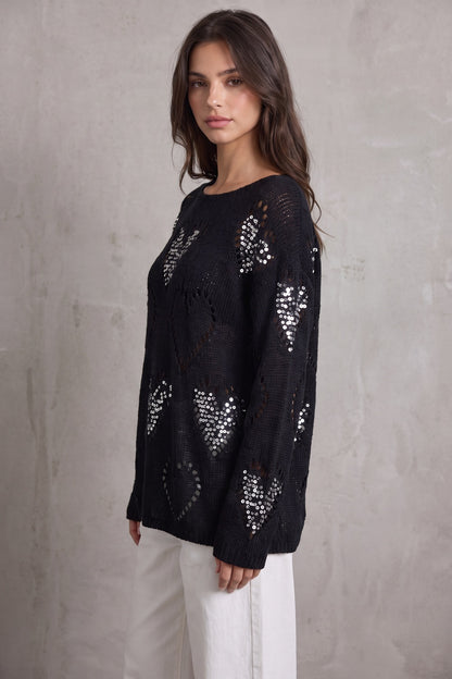 Black Open-Work Knit Oversized Sweater with Silver Sequin Hearts black open-work knit sweater - product view 5