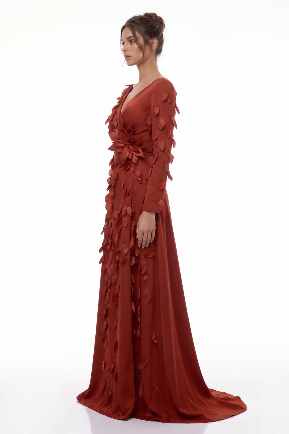 Rust Red Satin-Crepe A-Line Evening Gown with 3D Leaf Appliqués rust red satin-crepe evening gown - product view 5