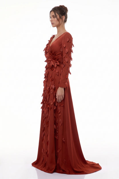 Rust Red Satin-Crepe A-Line Evening Gown with 3D Leaf Appliqués rust red satin-crepe evening gown - product view 5