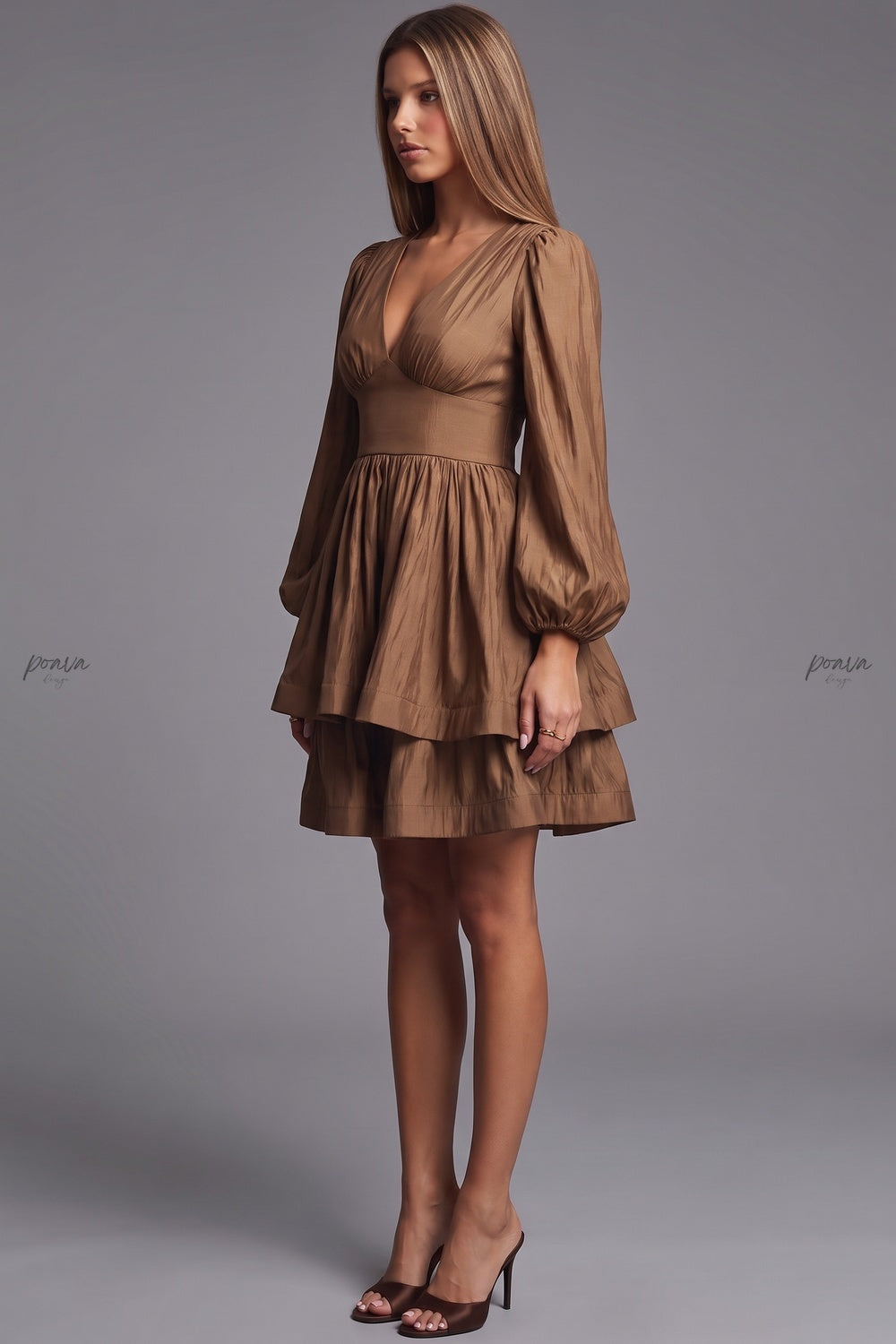 Bronze Brown Taffeta-Like Fit-and-Flare Tiered Mini Dress bronze brown taffeta-like synthetic or silk blend dress - product view 3