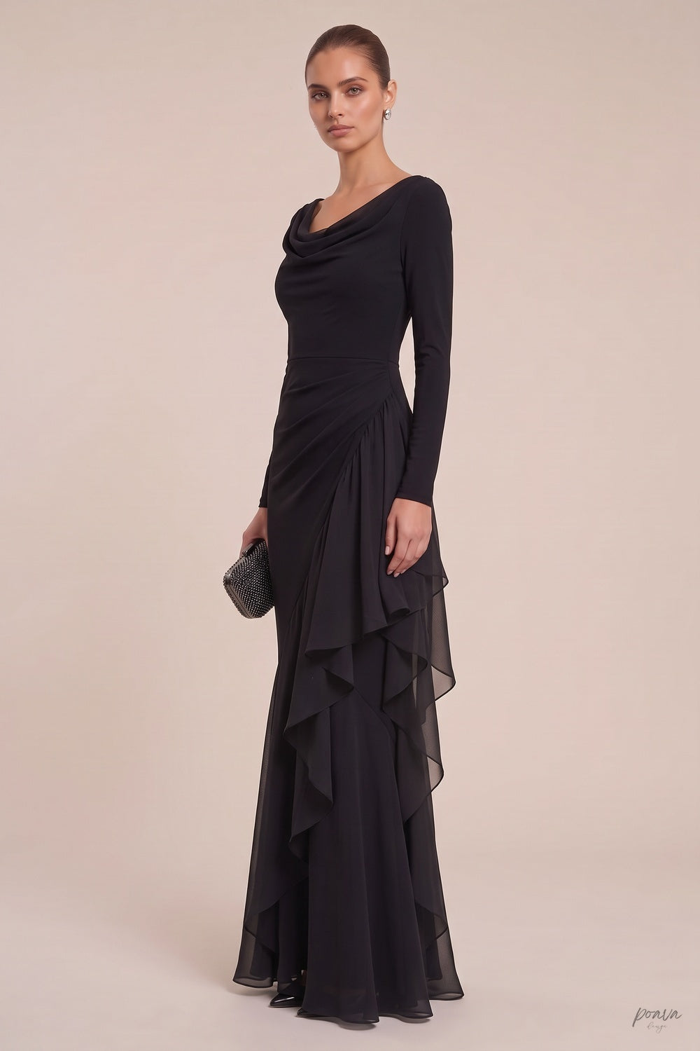 Black Mermaid Evening Gown with Sheer Ruffle Detail black opaque matte crepe evening gown - product view 5
