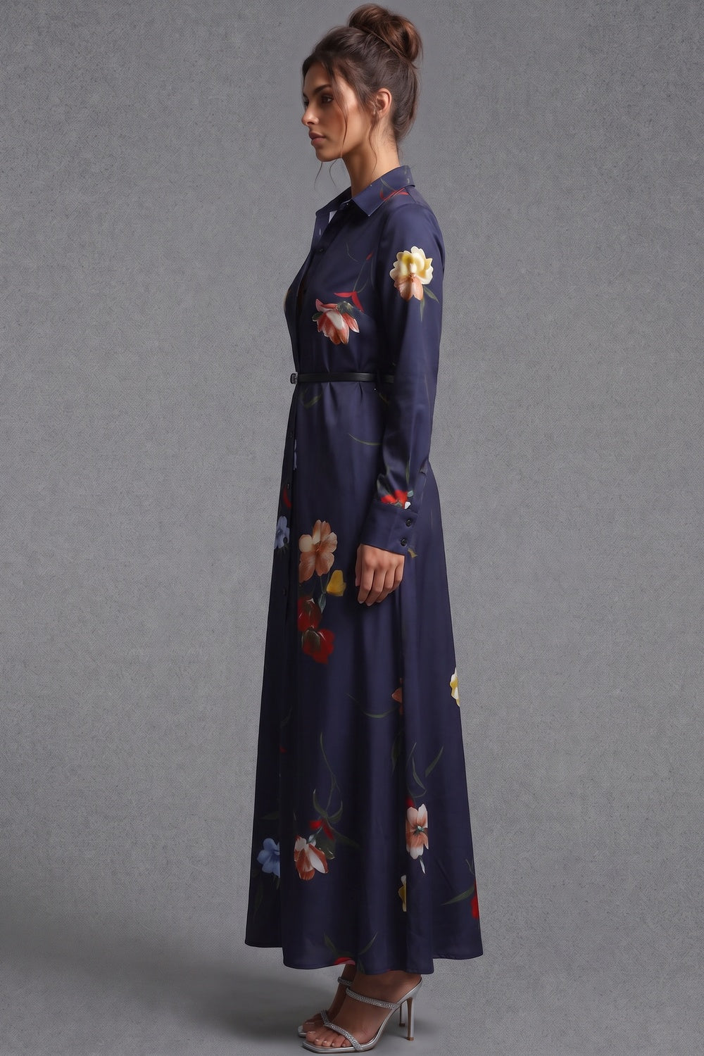 Navy Blue Floral Satin-Weave A-Line Shirt Dress navy blue satin-weave synthetic or silk blend shirt dress - product view 5