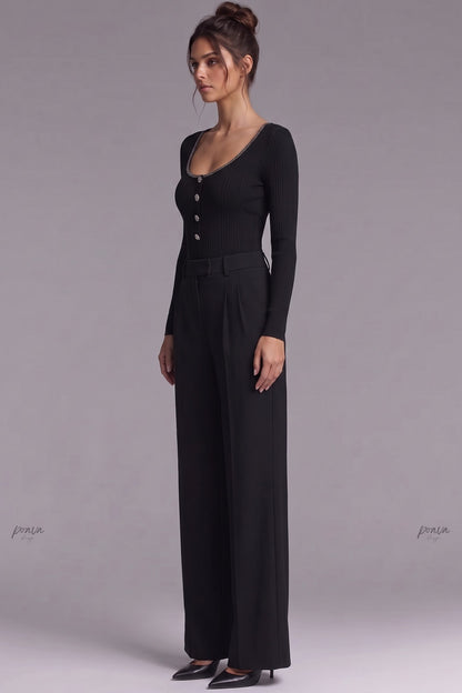 Black Ribbed Knit Fitted Top with Metallic Detail black ribbed knit knit top - product view 5