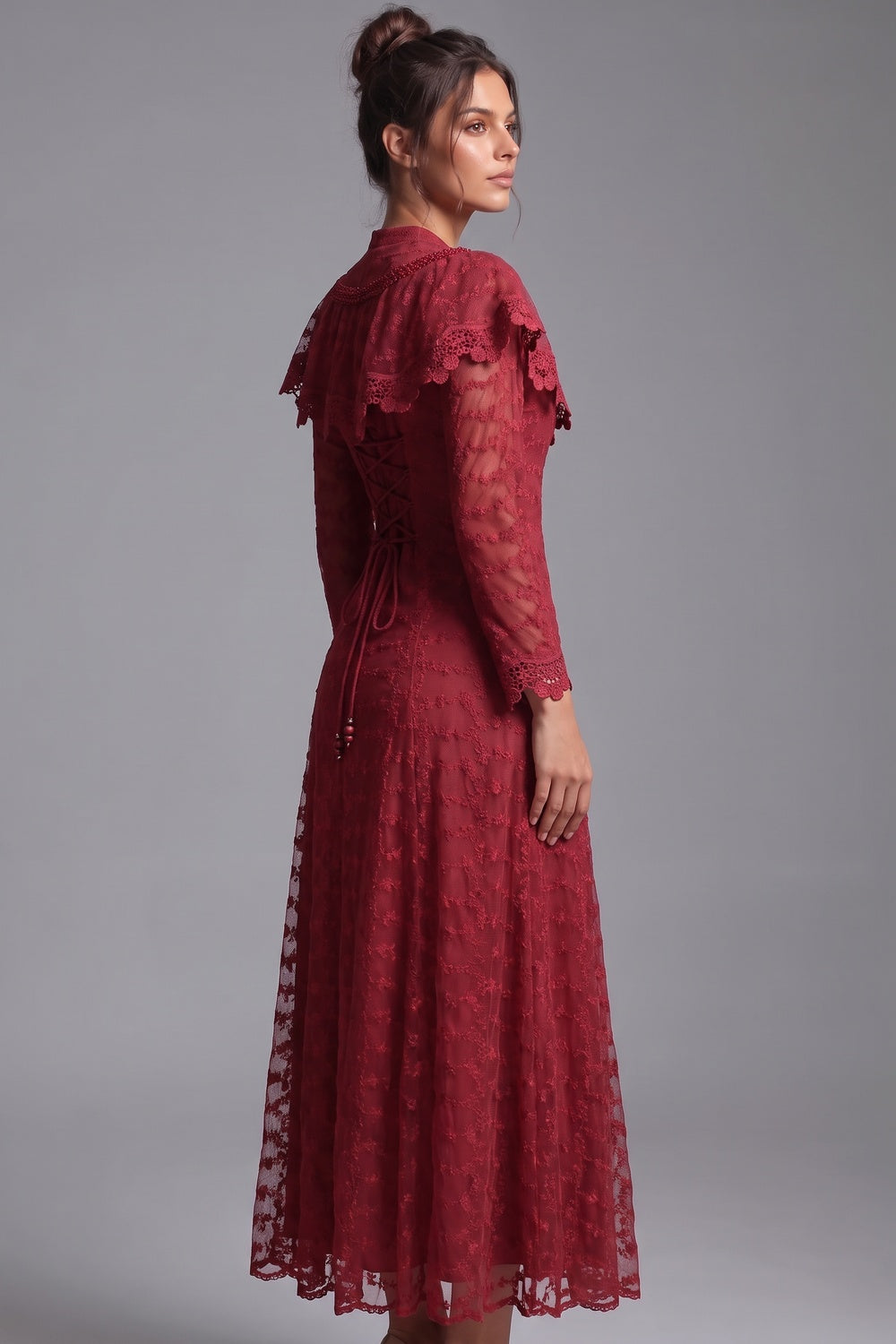 Deep Red Embroidered Floral Lace A-Line Midi Dress deep red embroidered floral lace overlay dress - product view 5