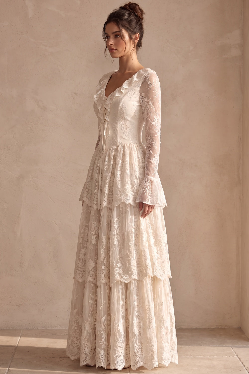 Cream Floral Lace Tiered Maxi Dress with Lace-Up Bodice cream floral lace dress - product view 5