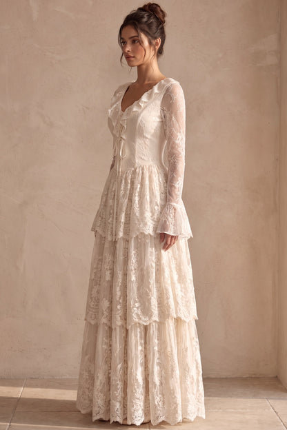 Cream Floral Lace Tiered Maxi Dress with Lace-Up Bodice cream floral lace dress - product view 5