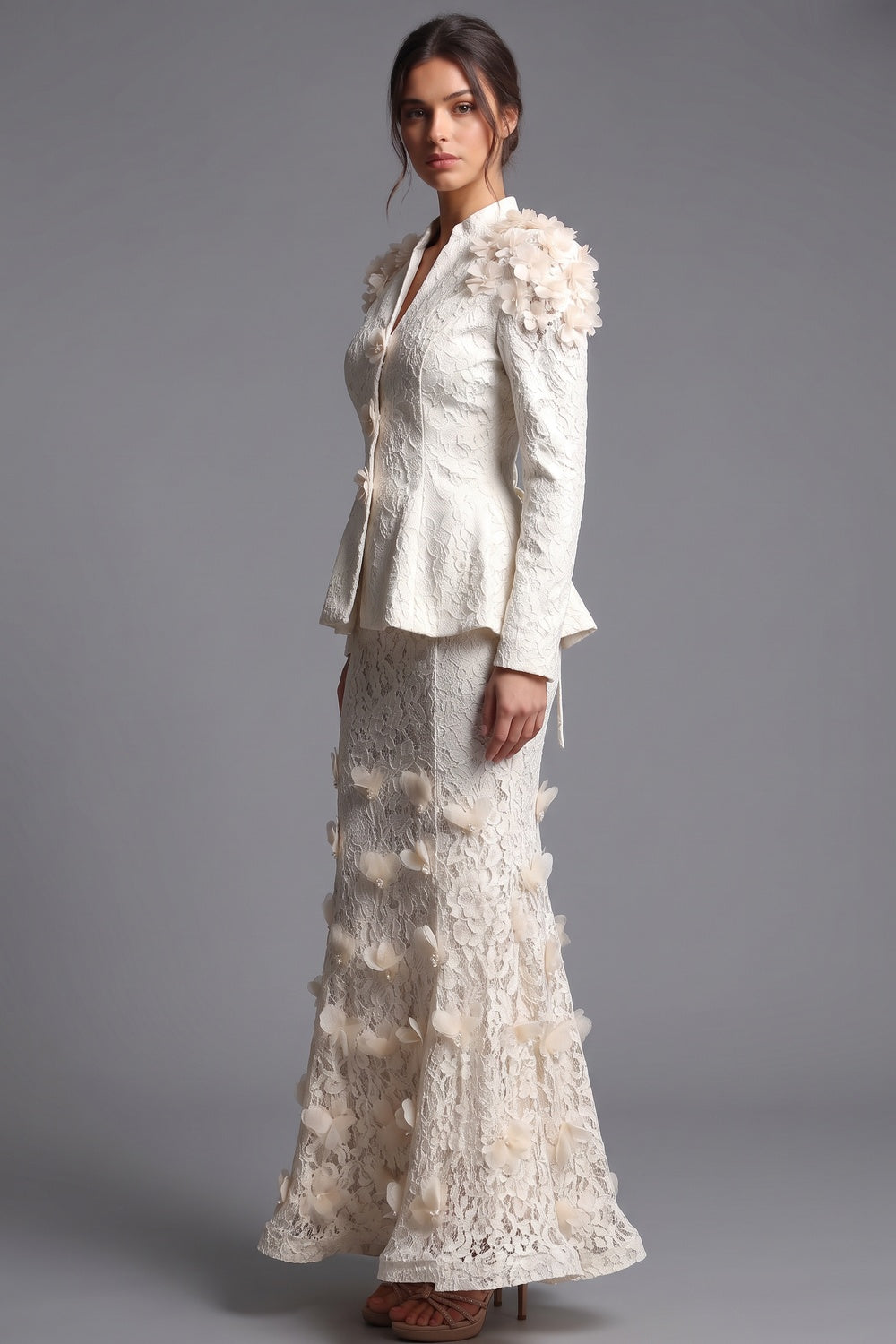 Ivory Corded Floral Lace Two-Piece Skirt Suit Ivory, Cream Corded floral lace Two-piece skirt suit - product view 5