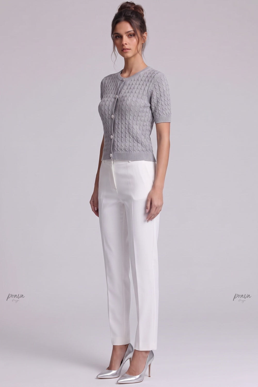 Heather Grey Cable-Knit Fitted Cardigan heather grey knitwear cardigan - product view 5