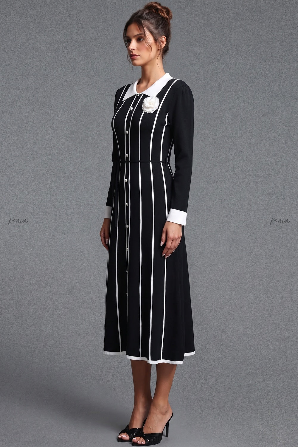 Black Fine-Gauge Ribbed Knit A-Line Midi Dress black fine-gauge ribbed knit dress - product view 5